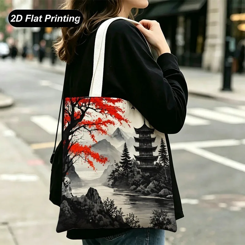 Ink Landscape Tote Bag Red Maple Pagoda Mountain Print Japanese Style Canvas Shoulder Reusable Shopping Large Capacity Daily Use