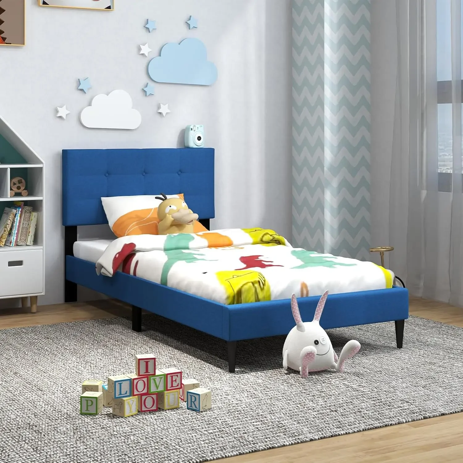 Twin Bed Frames for Kids, Modern Fabric Linen Upholstered Platform Bed Frame with Button Tufted Headboard and Wooden Slats,