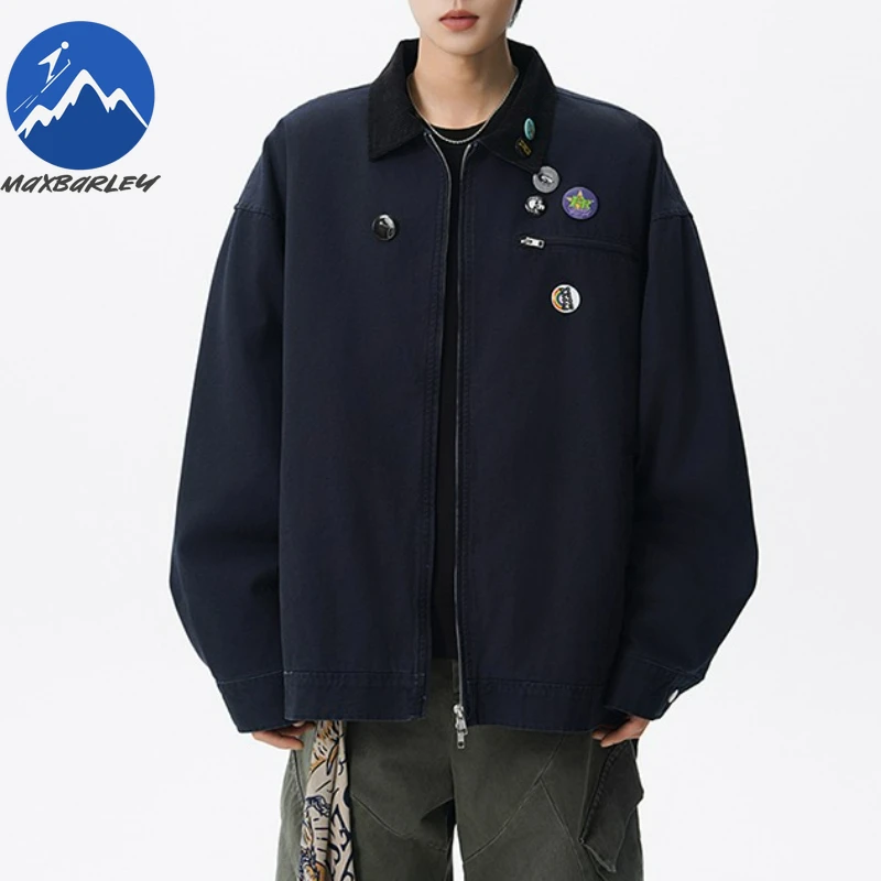 

Maxbarley Retro Denim Coat Men 2025 Autumn Korean Fashion Cotton Windproof Baseball Jacket Street Clothing Normcore Work Jackets