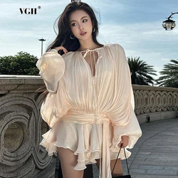 VGH Vestidos cortos holgados lisos minimalistas para mujeres cuello redondo manga larga cintura alta empalmado encaje hasta vestido elegante de moda femenina