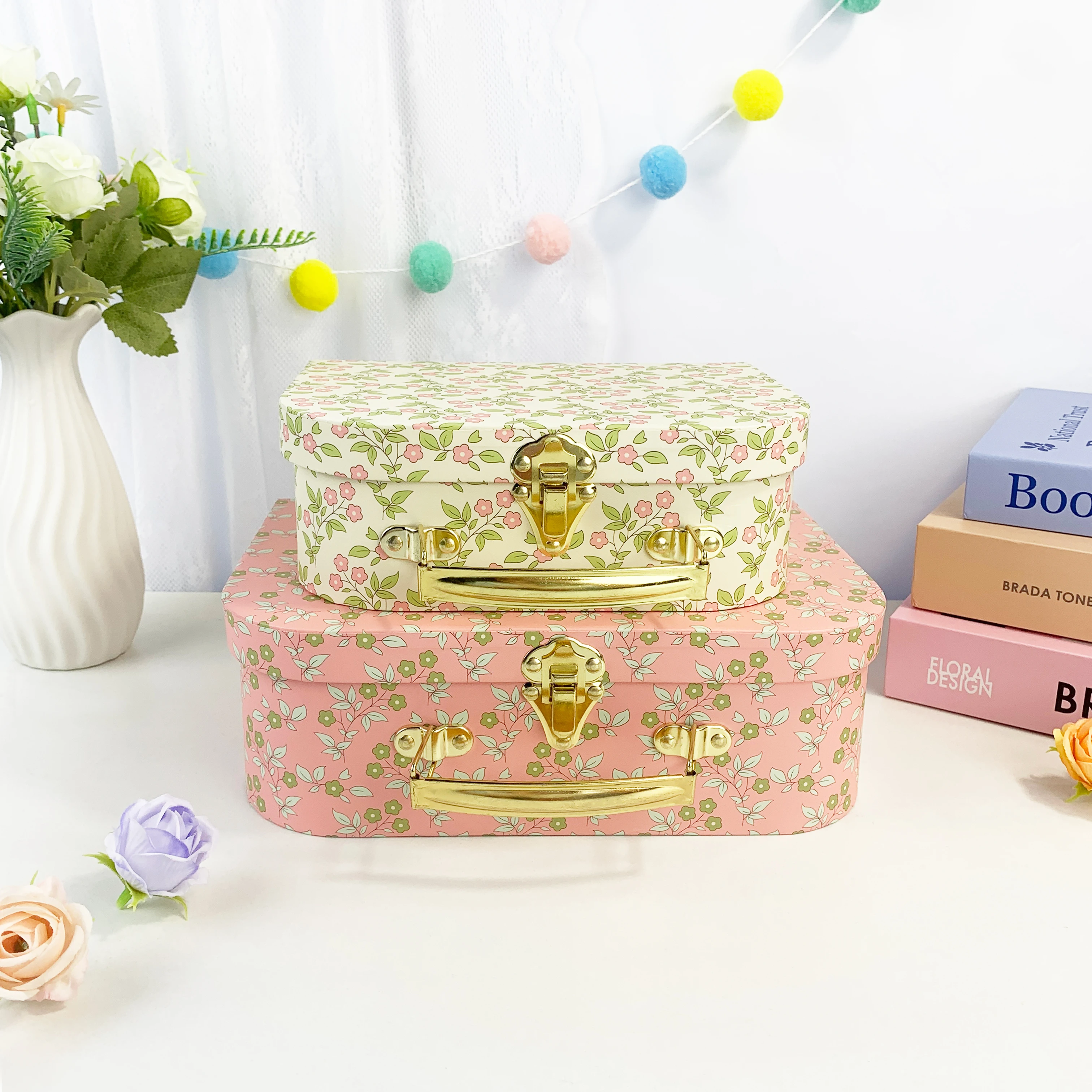 

2-Piece Pink Carrying Case, Vintage Cardboard Carrying Case, Suitable For Wedding Decoration, Birthday Parties,Home Storage