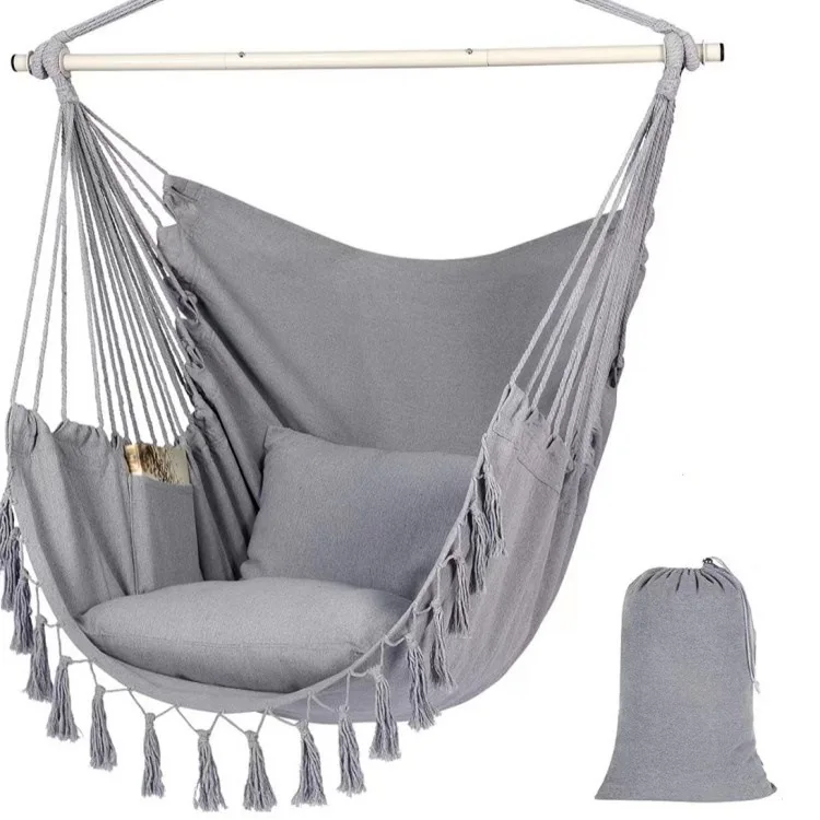 Macrame Hanging Chair with 2 Pillows | 500lb Capacity Cotton Rope Swing | Pocket Design Indoor/Outdoor Use