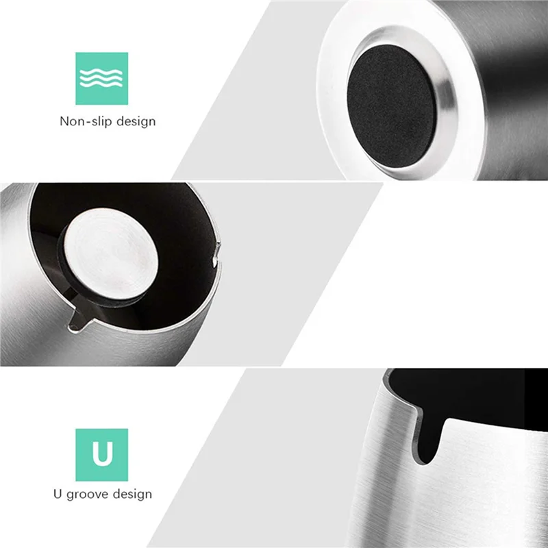

【Rushed】10X Ashtray Stainless Steel With Lid Heavy Ashtray Storm-Wind Non-Slip Base For Outside And Inside Silver