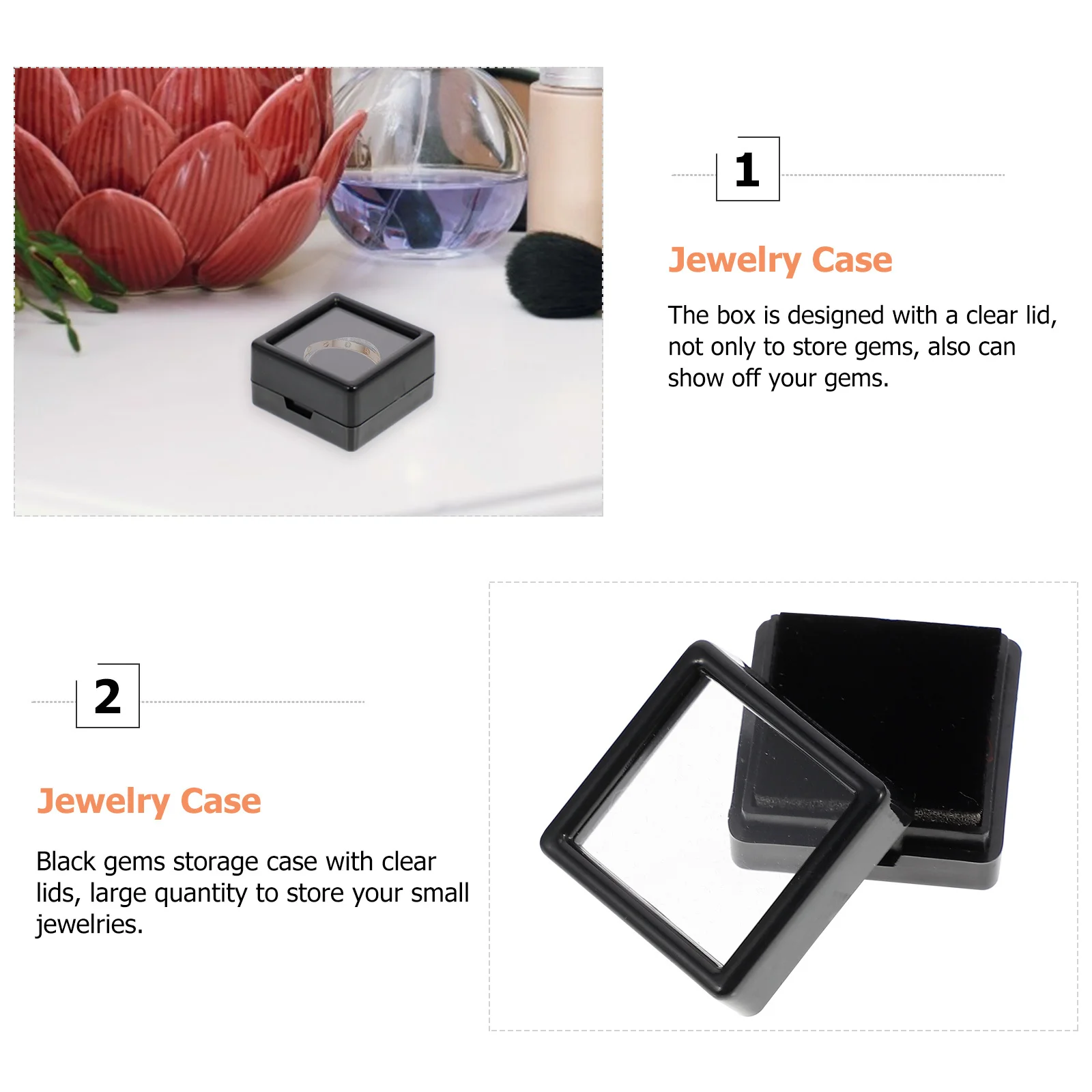 

24Pcs Black Gems Storage Box Clear Lid Cushioned Display Secure Closure Small Organizer Gems Box