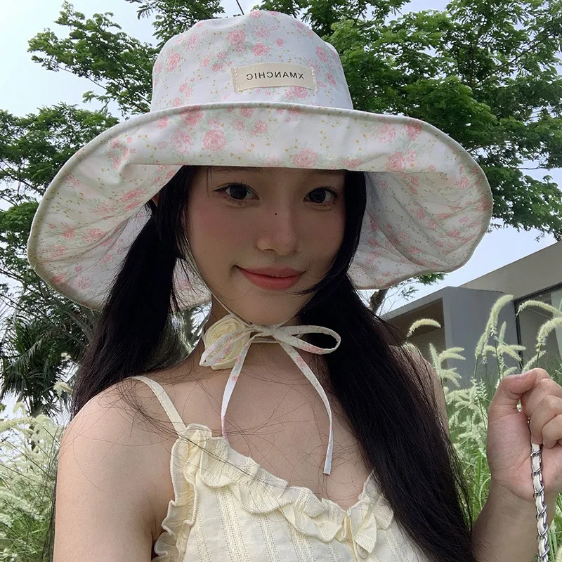 New Gentle Small Floral Flounce Bucket Hat Women's Summer Outdoor Big Brim Hat Show Face Small Hat