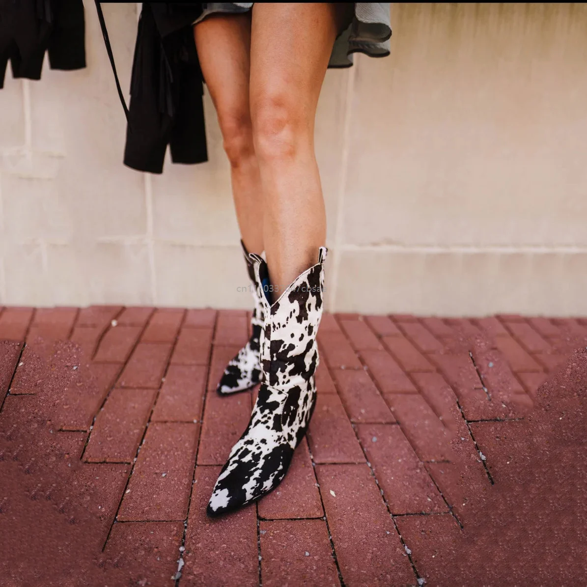 Cow Print Western Cowgirl Boots For Women Retro Pointed Toe Chunky Heel Mid Calf Boot Party Concert Daily Casual Wear Shoes