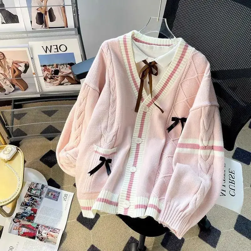 Sweet Bow Knitted Cardigans Y2k Aesthetic All Match Contrast Color Coats Fashion Single Breasted Women Kawaii JK Sweaters Jumper