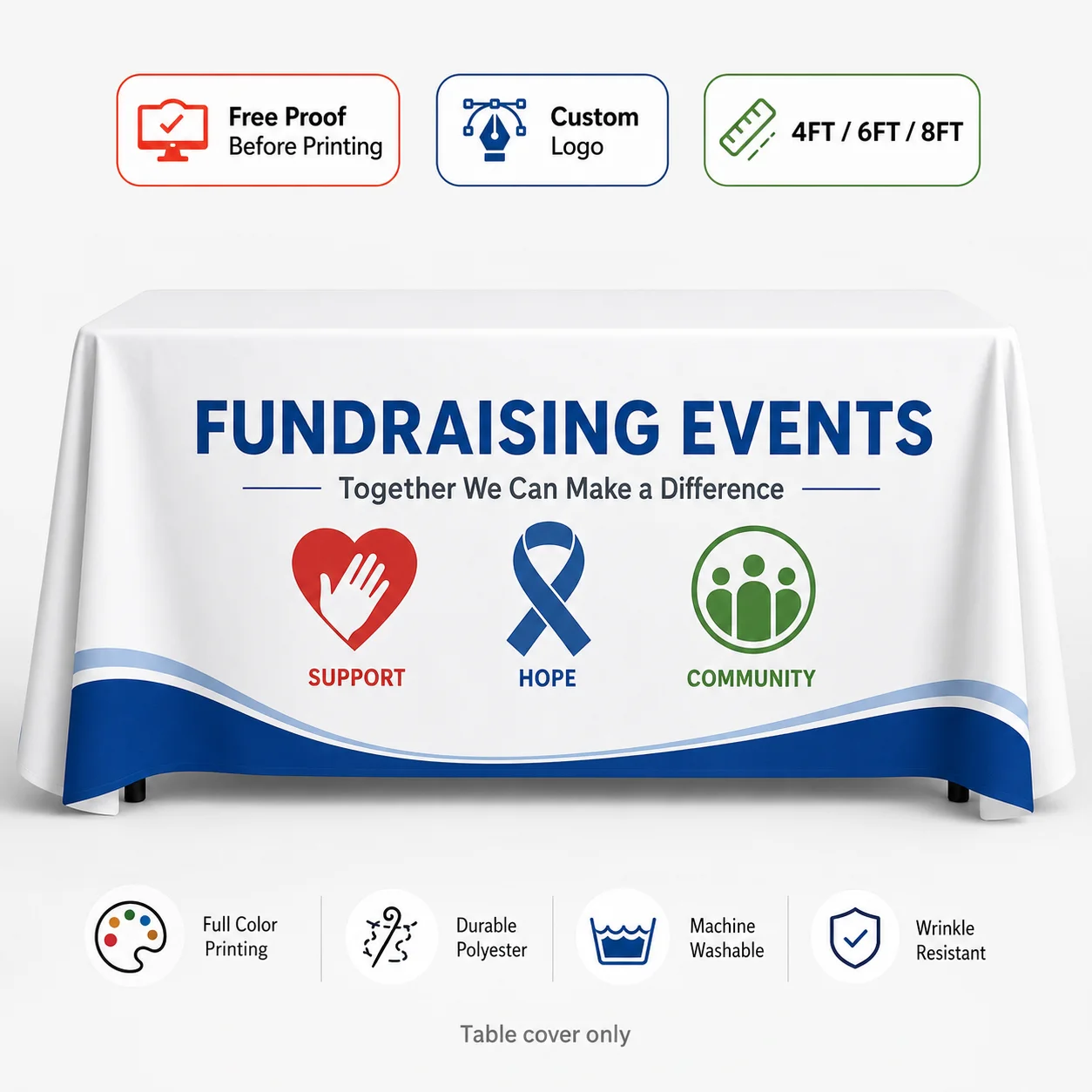 Nappe personnalisée avec logo pour collectes de fonds, événements caritatifs, stand de foire commerciale et présentoir de fournisseur pour organisations non-profit