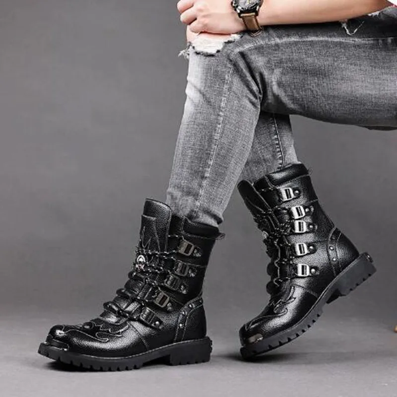 Fashion Men Motorcycle Boots Mid-Calf Punk Rock Punk PU Leather Black High Top Mens Casual Boot Steel Toe Shoes Big Size 38-46
