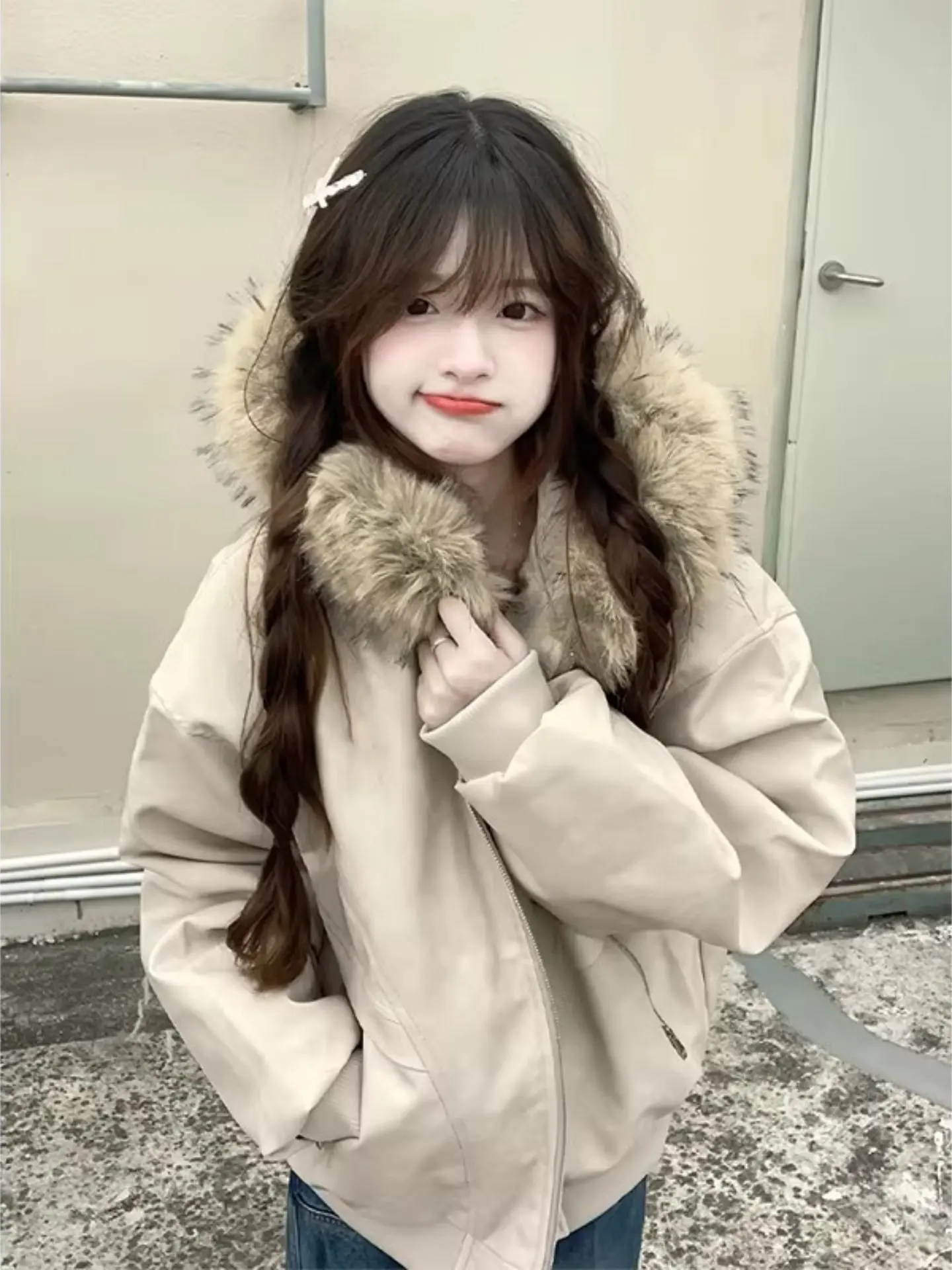 

Thiened Winter Cotton Jaet Men's ort Sle Fur Collar Hooded Workwear Leather Coat Warm Youth Faion Stand Fit