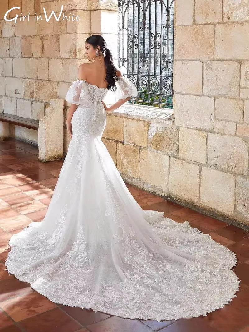 Vestido De Novia De sirena con escote corazón, vestido De Novia bordado De encaje con hombros descubiertos, cola De barrido personalizada, Vestidos De Novia