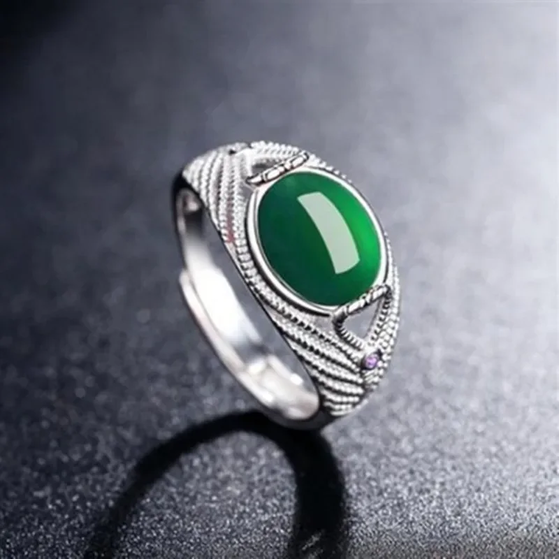 

Natural Green Chalcedony Hand Carved Water Drop Ring Fashion Jewelry Men's and Women's 925 Inlaid Adjustable Ring