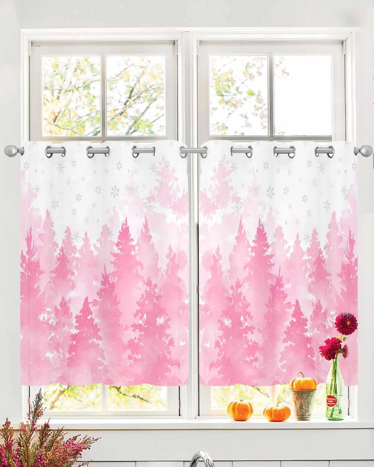 

2pcs Tulle Window Curtains Watercolor Pink Christmas Tree for Living Room Bedroom Transparent Chiffon Sheer Voile Window Curtain