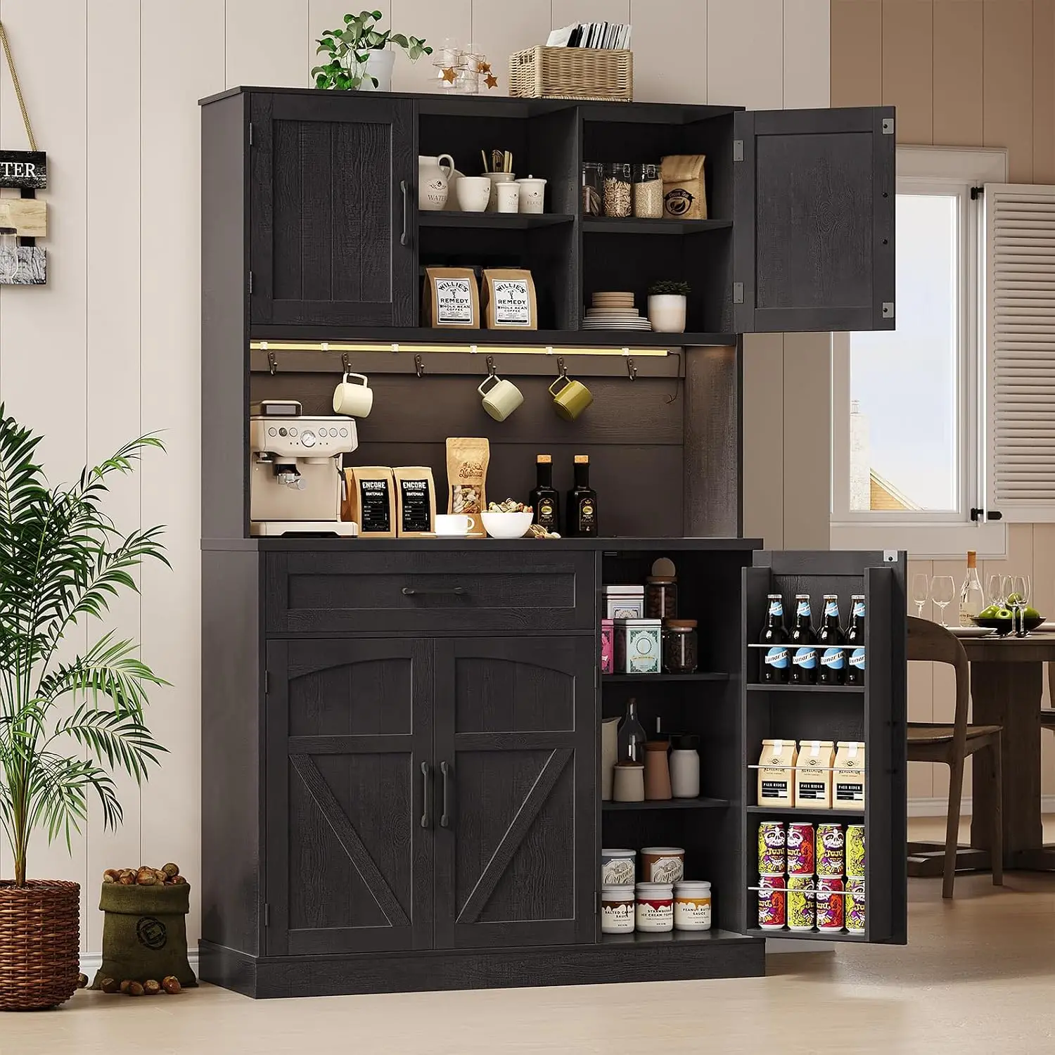 Modern Engineered Wood Kitchen Pantry Cabinet with LED Lights & USB Outlet, 71