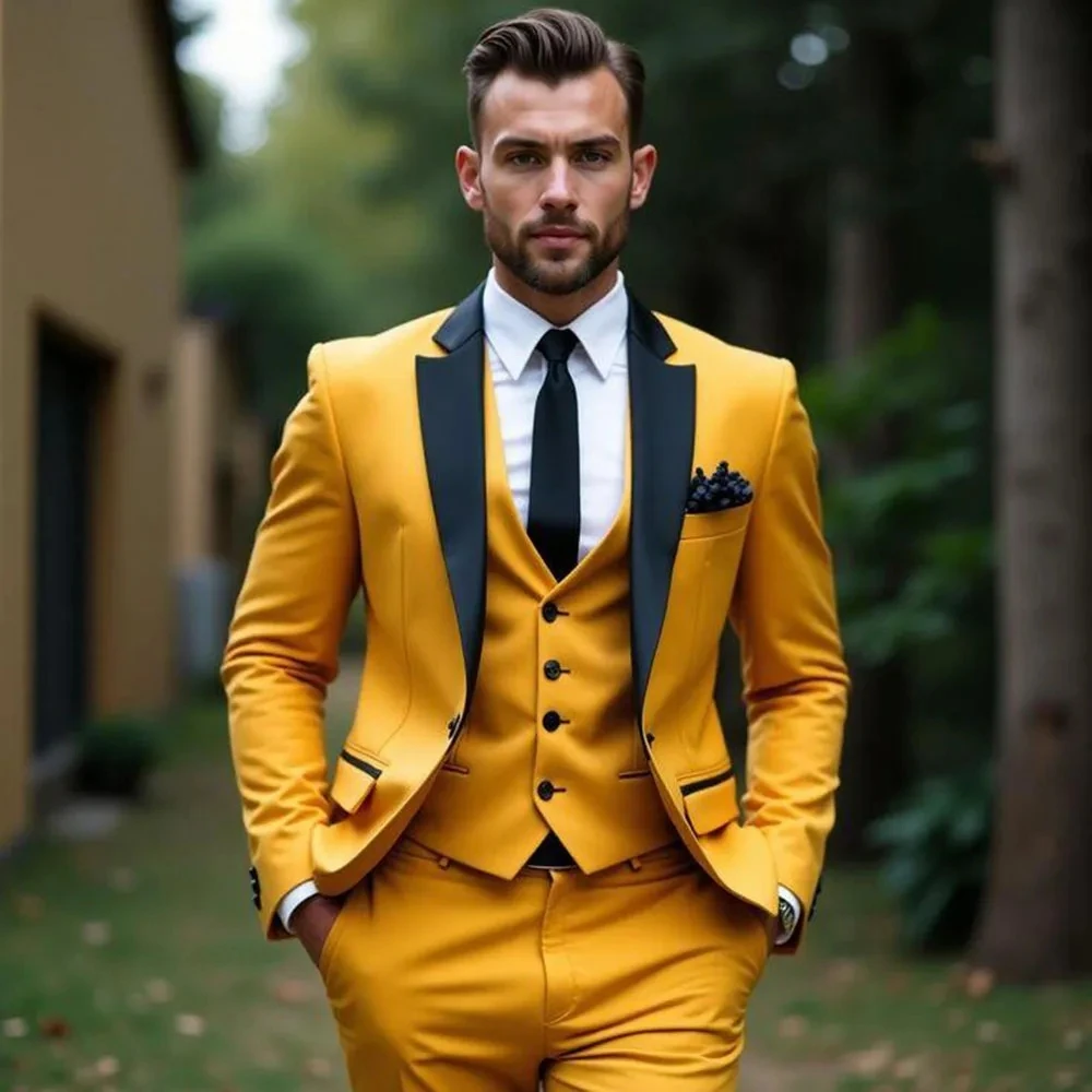 

Желтые мужские костюмы из трех предметов, куртка, брюки, жилет, черный однобортный однобортный деловой повседневный мужской костюм с лацканами, платье для выпускного жениха на заказ