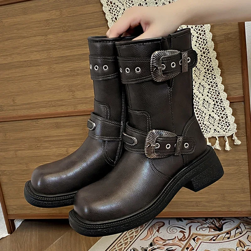 Platform Combat Boots Zip Chuny Heel Buckle Vintage Fashion Casual Luxury Designer Western Mid Calf Boots Shoes Woman image 4