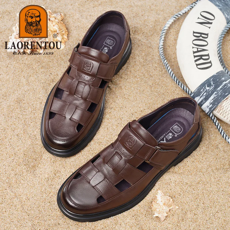 LAORENTOU leather sandals, men\'s breathable hollow hole shoes, toe wrapped cowhide, anti slip and wear-resistant casual shoes