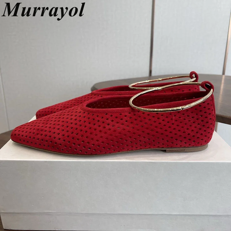 

Metal Foot Ring Mary Jane Shoes Women's Retro Hollow Out Breathable Pointed Toe Flat Shoes Summer Versatile Casual Single Shoes
