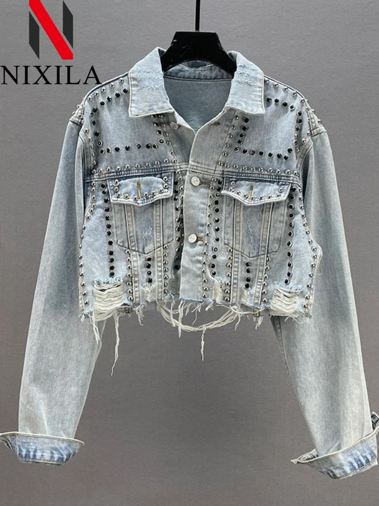 New in Spring Summer Womens Denim Jacket Heavy Industry Rivet Studded Jean Coats Women Worn Nail Bead Jean Long Sleeved Tops