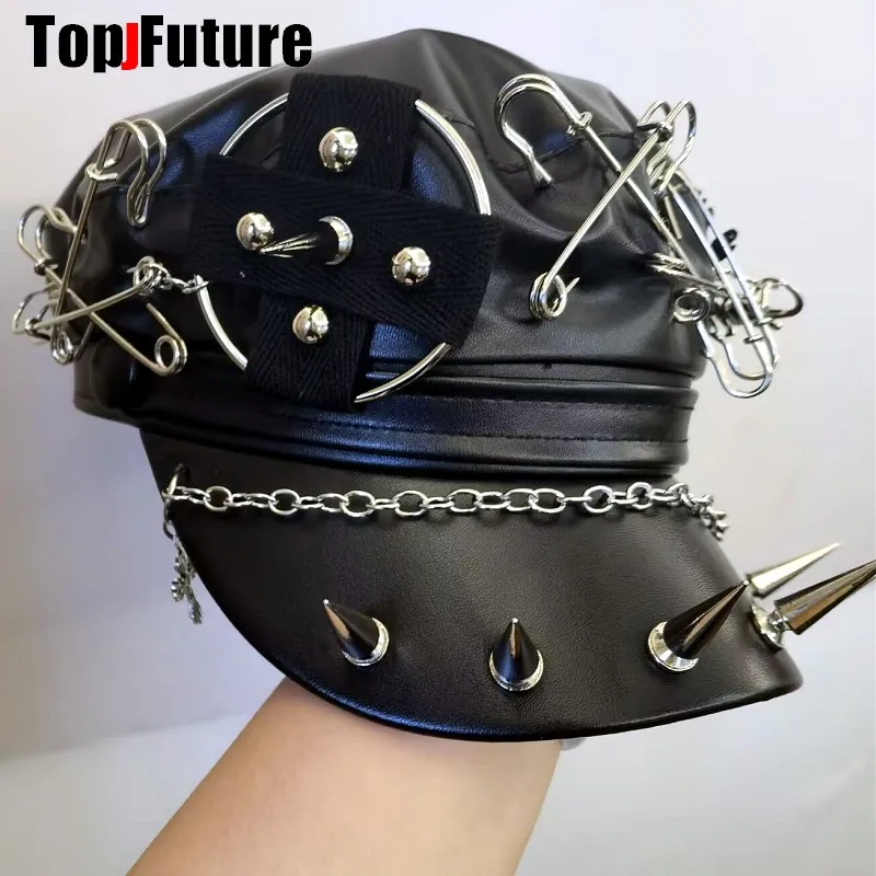 Women Men Harajuku Gothic Leather Steampunk Rivet Punk Beret Hat