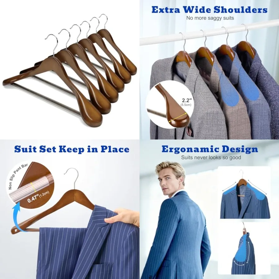 

Wide Shoulder Wooden Hangers, Suit Hangers with Non Slip Pants Bar, Smooth Finish 360° Swivel Hook Solid Wood Coat Hangers for