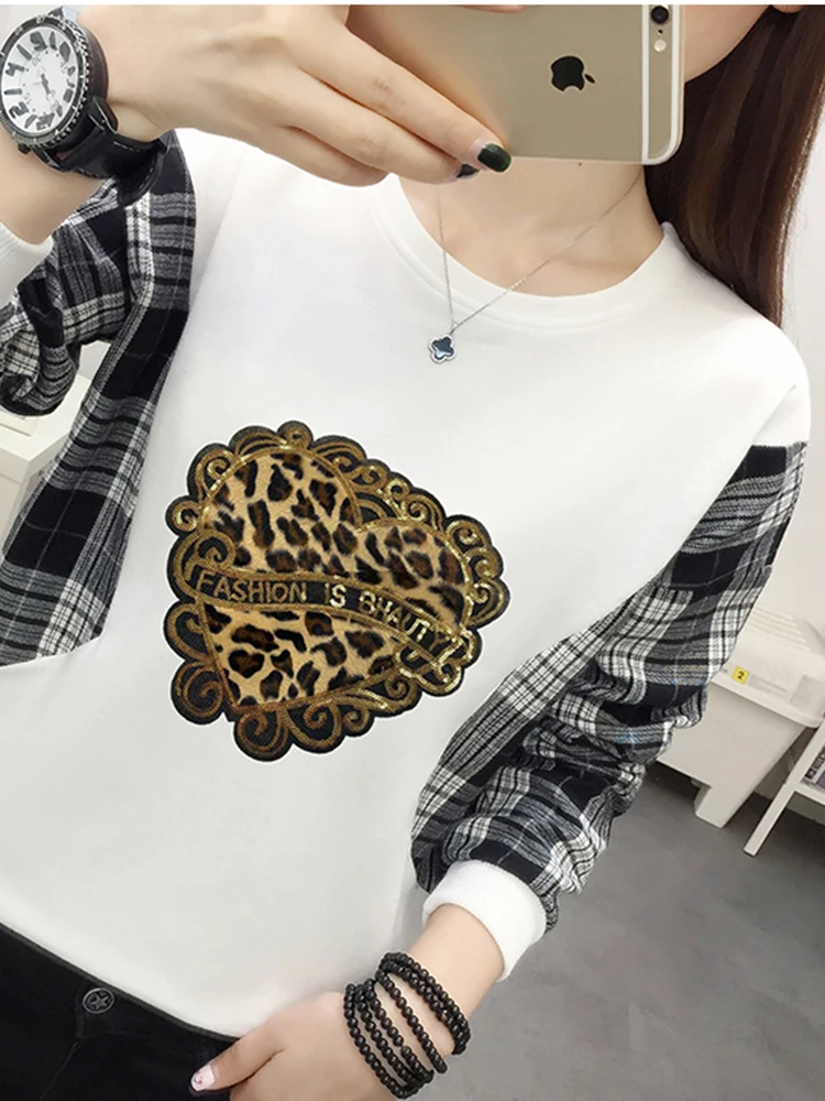 2025 Spring Plus Size Women's Korean Version Checkered Long Sleeved T-shirt Women's Round Neck Loose Casual T-shirt Top B17