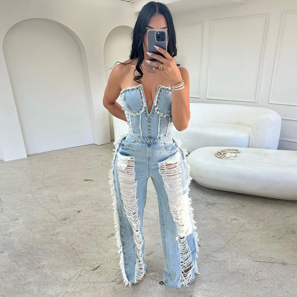 ladies blue off shoulder overall jeans fall woman flare rompers bodycon wideleg strapless one piece denim jumpsuits for women