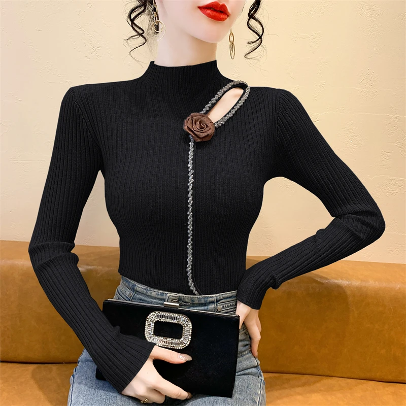 

2025, новинка, европейская, одежда, вязаный, свитер, женский, шикарный, сексуальный, с воротником-стойкой, полые, 3D розовые, блестящие, бисер, с длинным рукавом, тонкие, топы, 51038