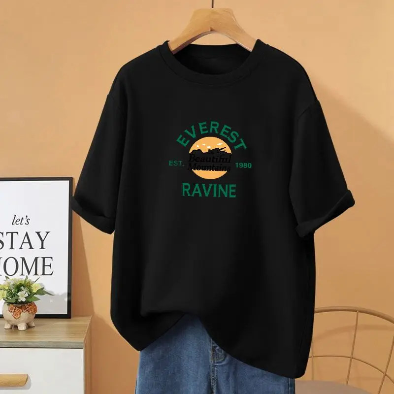 Women Clothing 100% Cotton Vintage O-neck T-shirt, Loose Casual Basic Short Sleeve Top Tee, Summer Cartoon Printed Pullovers