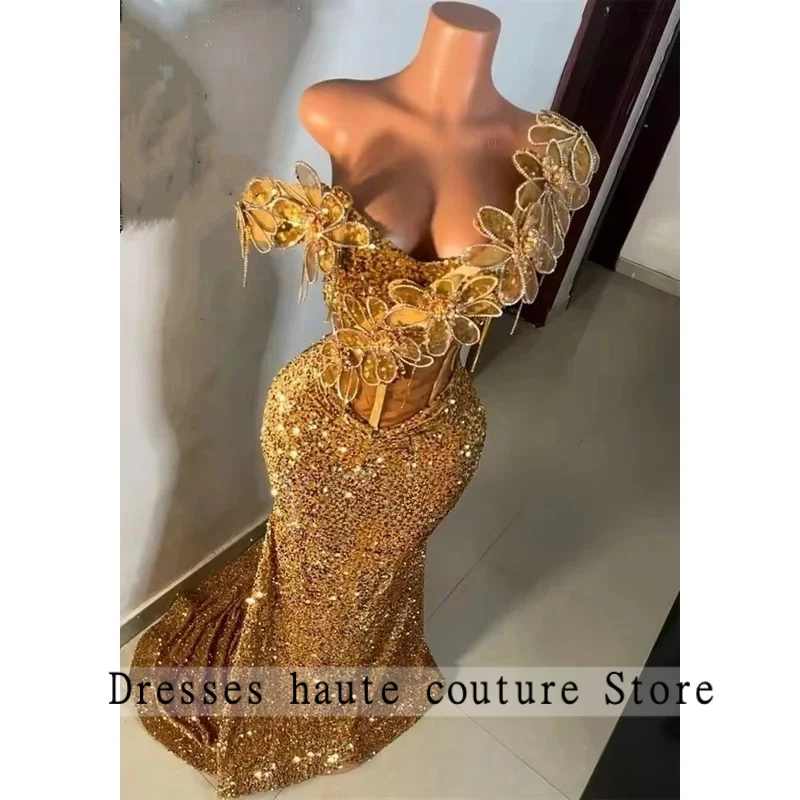 

Aso Ebi Gold Prom Dresses 2025 Luxury Bead Rhinestones 3D Flowers African Wedding Party Gala Birthday Evening Gown Customized