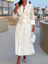 SIYANG 2024 New White Embroidery Midi Dress Long Sleeve Shirt Dress Regular Fit Fashion Women's Dress Mujer Chic Vestidos