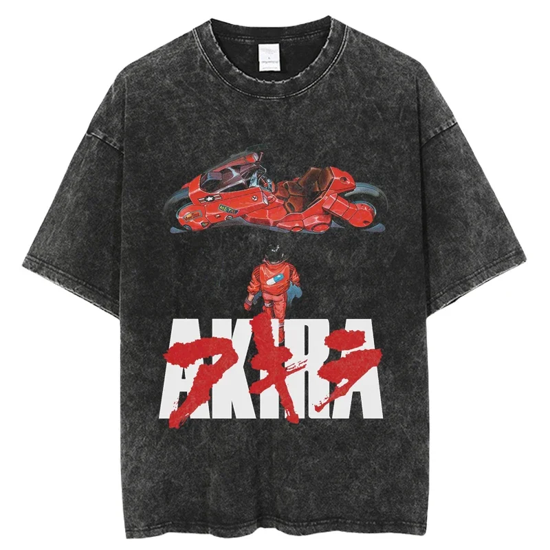 2023 Vintage Washed T-shirt Japanese Anime Akira Streetwear Casual Harajuku Cotton Men O-Neck Short Sleeve Tshirt Unisex Tops