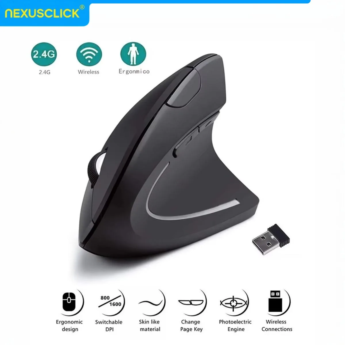 NexusClick Vertical Mouse Ergonomic 2.4G Wireless Optical Mice 3 Adjustable DPI 6 Buttons Mouse for Laptop Computer Office Gamer