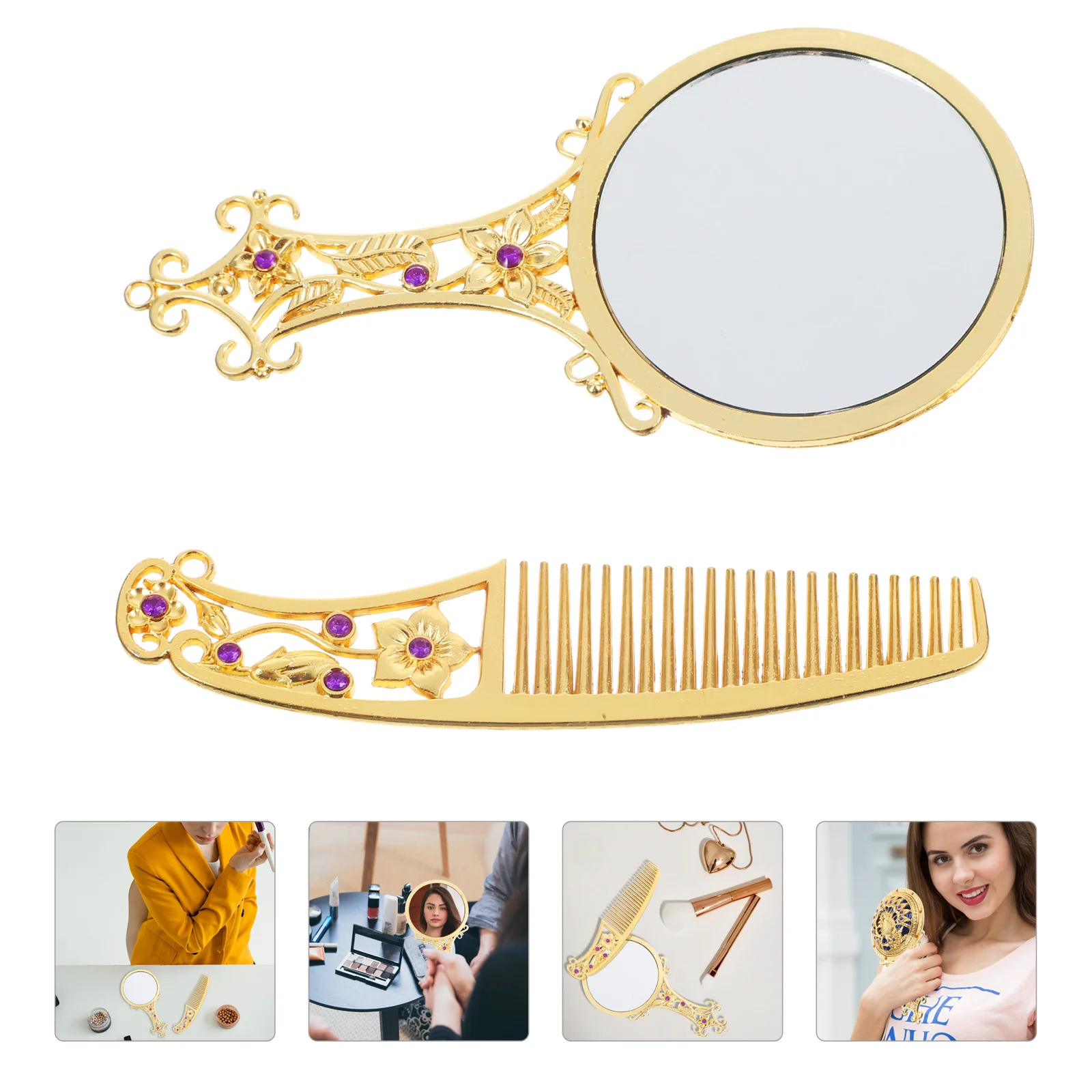 

Retro Floral Comb Set Handheld Makeup Mirror Vintage Alloy Glass Travel Mini Clear Lightweight Compact Size Fits