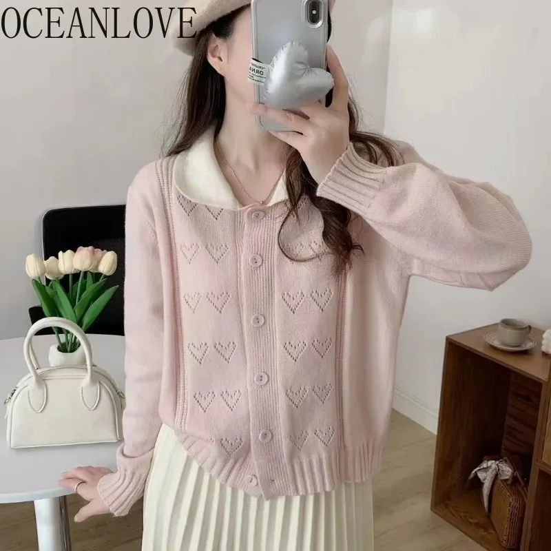 OCEANLOVE Women Sweaters Peter Pan Collar Korean Fashion Autumn Winter Cardigans Contrast Color Sweet Elegant Sueter Mujer