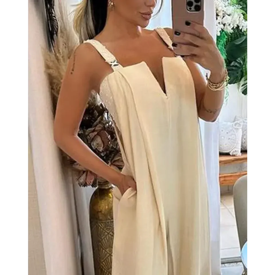 Summer Fashion Jumpsuits Women 2025 Camisole Jumpsuit Casual Women's Loose Asymmetrical Neck Hollow Pocket Wide Leg Jumpsuit