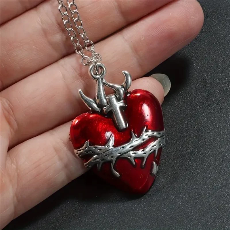 Gothic Vintage Hip Hop Red Peach Love Heart Pendant Necklace Thorns Sword Cross Necklace for Women Men Fashion Jewelry Party 90s