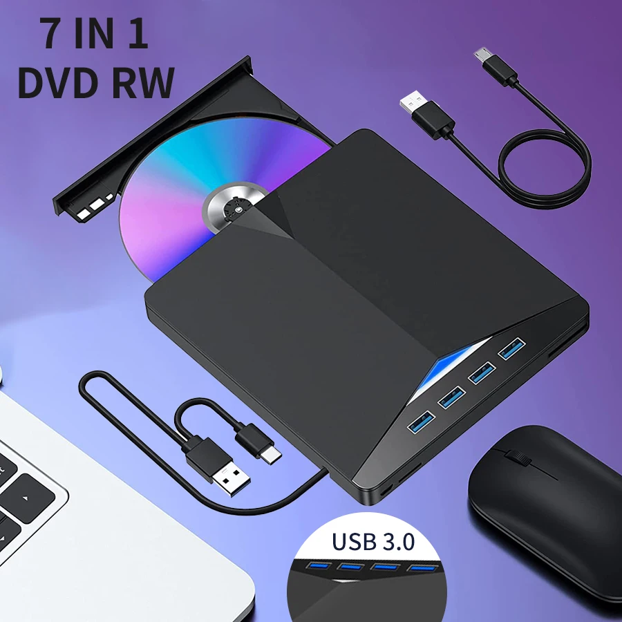 7-in-1 USB 3.0 externes CD-DVD-RW-Laufwerk für Laptop, ultraschlanker tragbarer Brenner, kompatibel mit Desktop Windows 7/8/10
