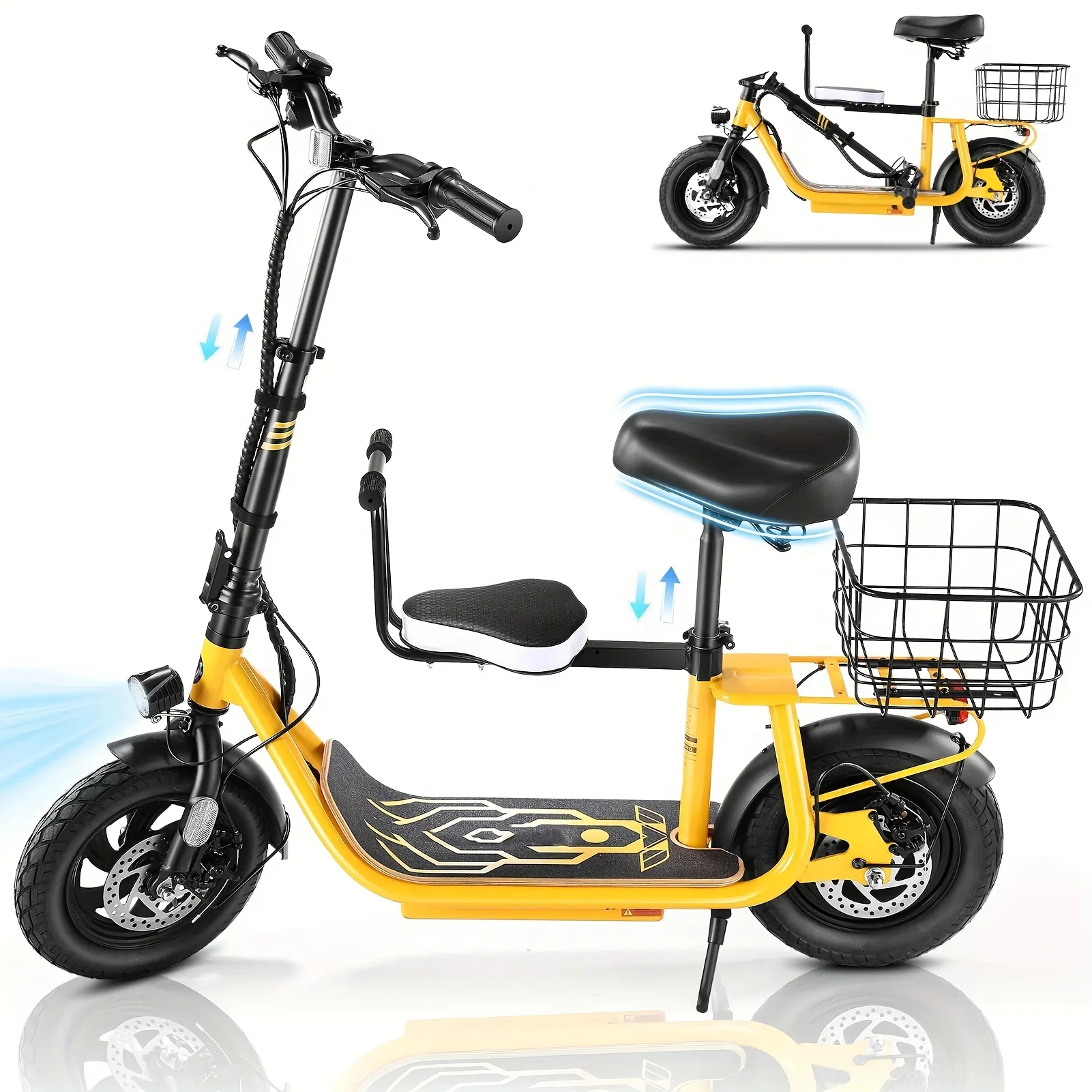 

Peak 819W Electric Scooter 22 Miles Max Range 20mph Top Speed With Child Seat For Adult Commuting Folding E-Scooter With Basket