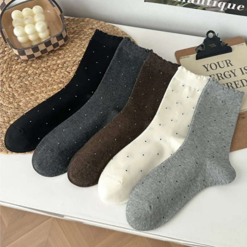 1/3/5 Pairs Women‘s Polka Dot Slouchy Socks Scalloped Lace Trim Mid-Calf Cotton Breathable Vintage Casual Socks All Season