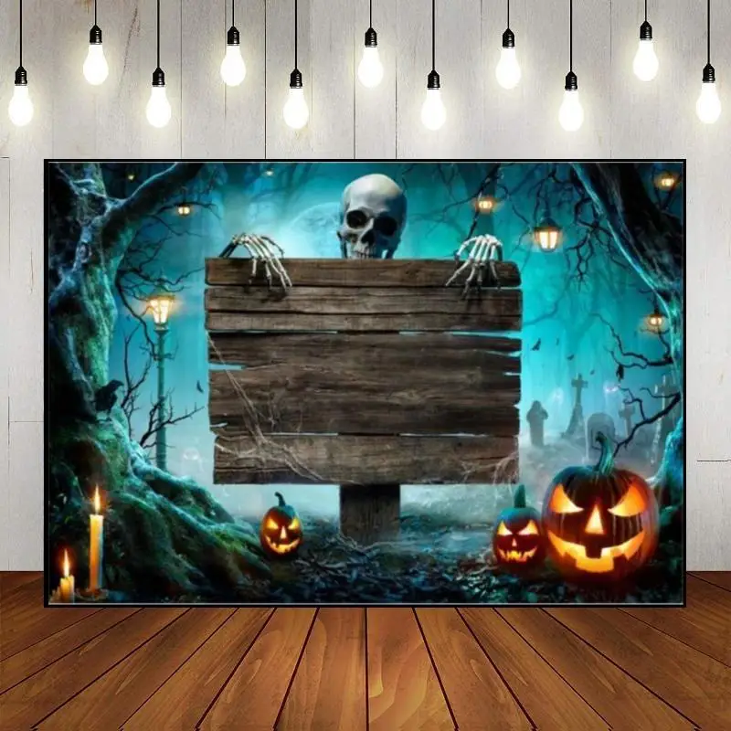 Halloween Witch Custom Birthday Backdrop Background Trick or Treat Baby Shower Night Photo Spider Decoration Skull Rustic Wood