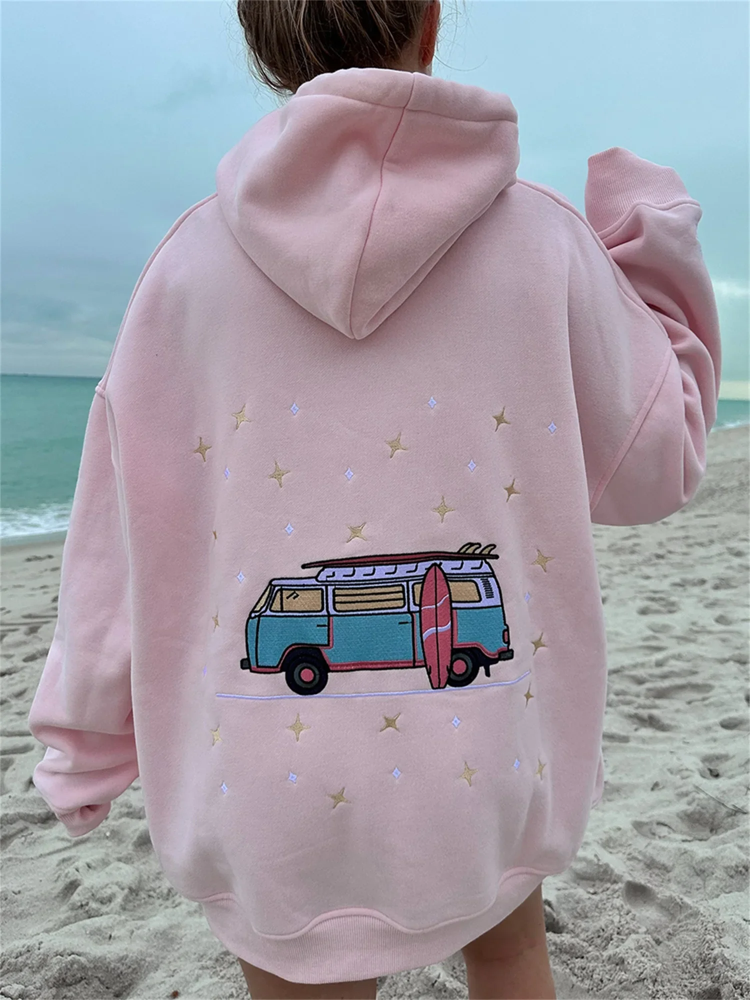 Moletom feminino oversized com capuz traseiro carro bordado manga comprida moletons outono inverno pulôveres com capuz