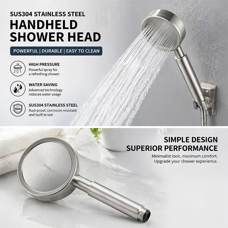 

304 Stainless Steel Universal Shower Sprayer Handheld Shower Head – High Pressure Booster Sprayer for Bathroom, Home Shower