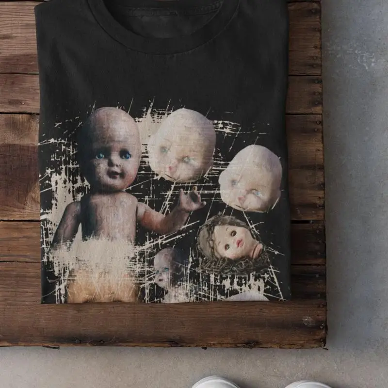 

Жуткая винтажная футболка с головой куклы на Хэллоуин, альтернативная одежда на каждый день, странная уникальная футболка S Weirdcore Art, пастельный топ ужасов в стиле гот