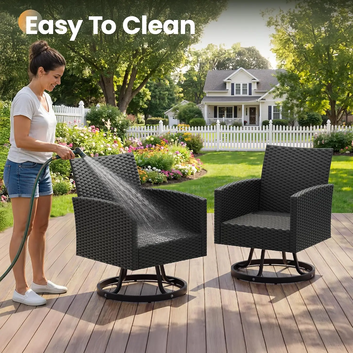Swivel Patio Chairs 2 with 25D Cushions, All-Weather Wicker Frame, 360° Rotation, Adjustable Feet for Porch Garden, Customized