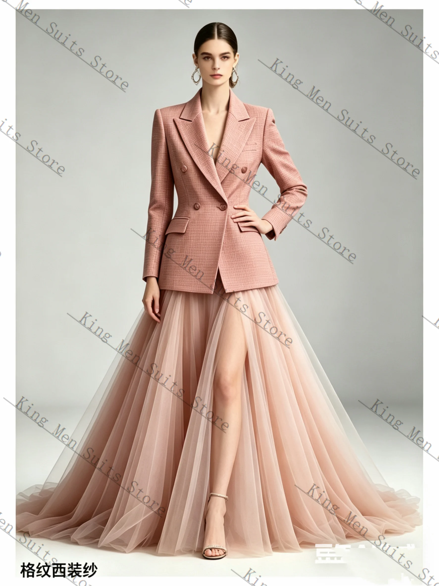 Pink Spring Women Suit Skirt 2 Pcs Blazer+Tulle Prom Dress Cotton Customized Formal Office Wedding Tuxedos Coat Jacket