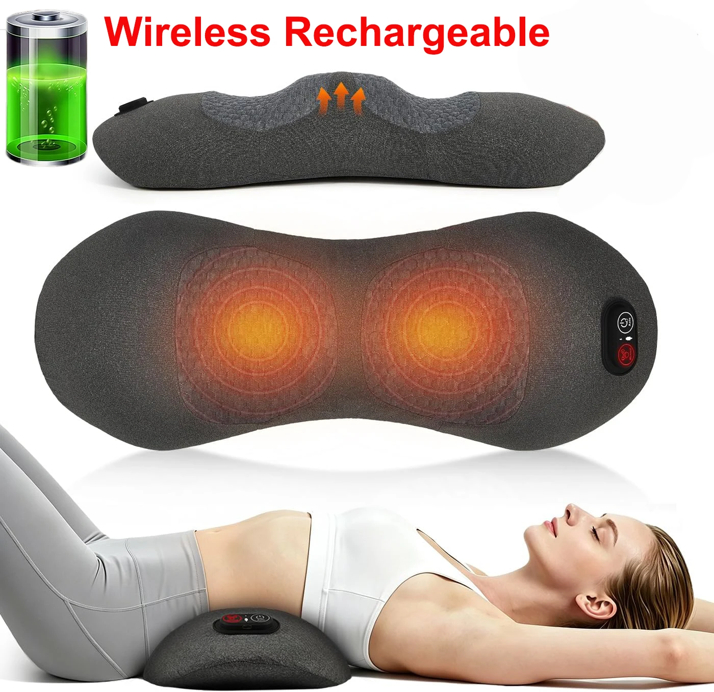 Upgraded Smooth Triple Spine Fusion Lumbar Massager Pillow, Heat&Vibration&Stretch Memory Foam for Home Office Car Travel, Black