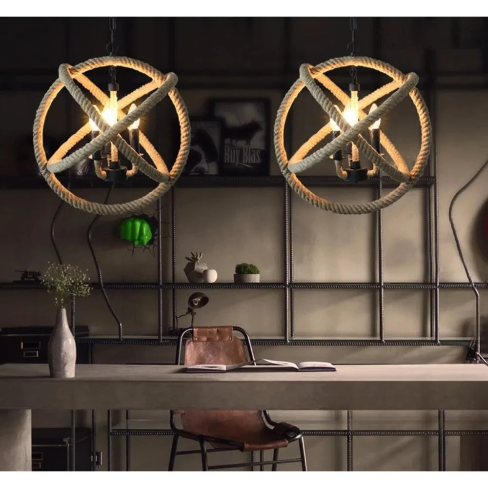

Industrial Chandelier 35/40CM Hemp Rope Pendant Light E14 Ceiling Hanging Lamp for Restaurant Bar Home Suspended Luminaire