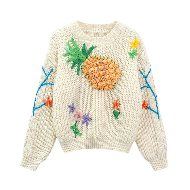 2025 춘추 중공업 파인애플 크로셰 자수 여성용 풀오버 루즈 스웨터
