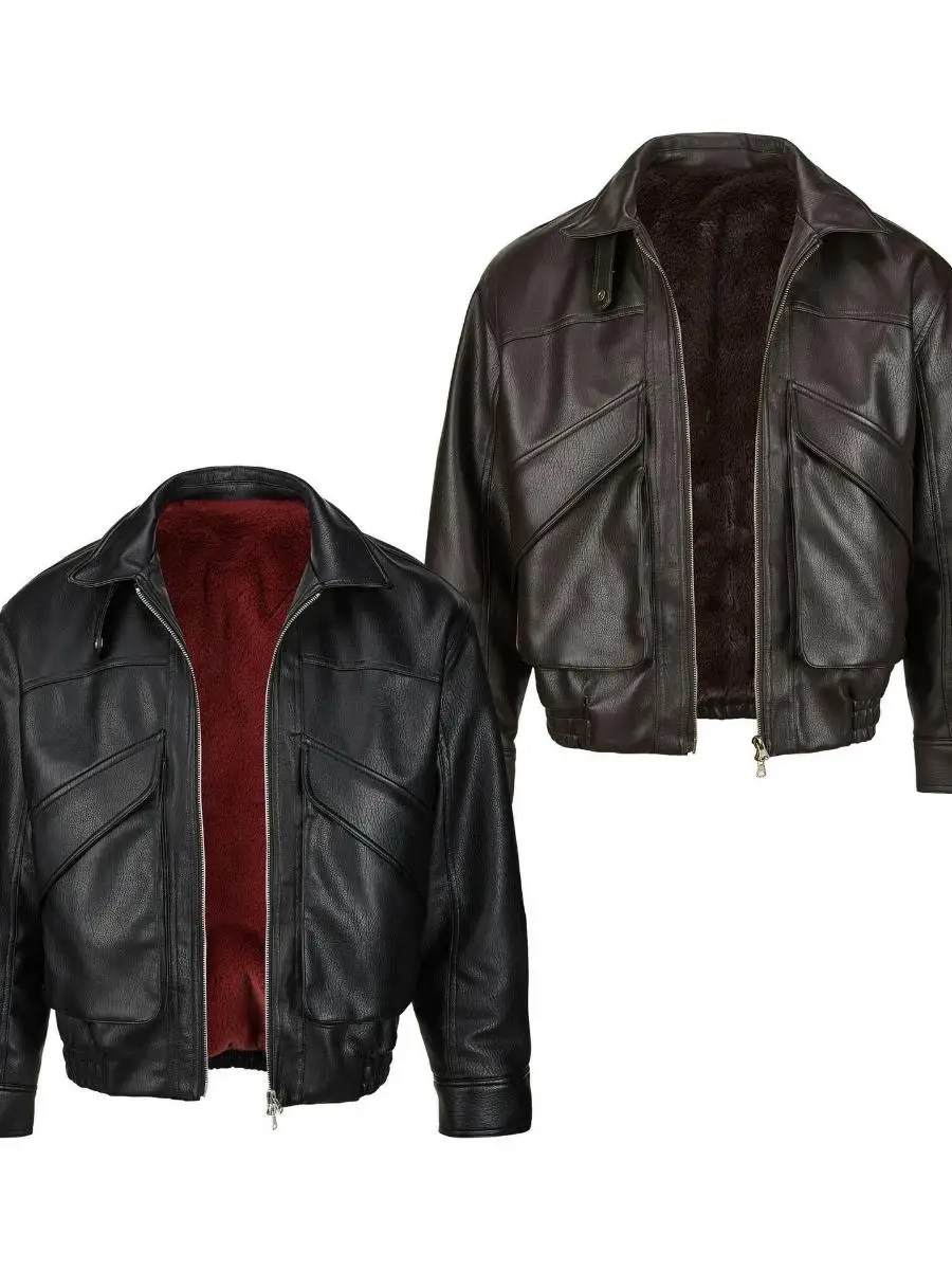 

Loose Fit Men's Biker Jaet Retro Sle Lapin Leather Warm Winter Coat Thiened Polyester Fiber Pure Color Outerwear